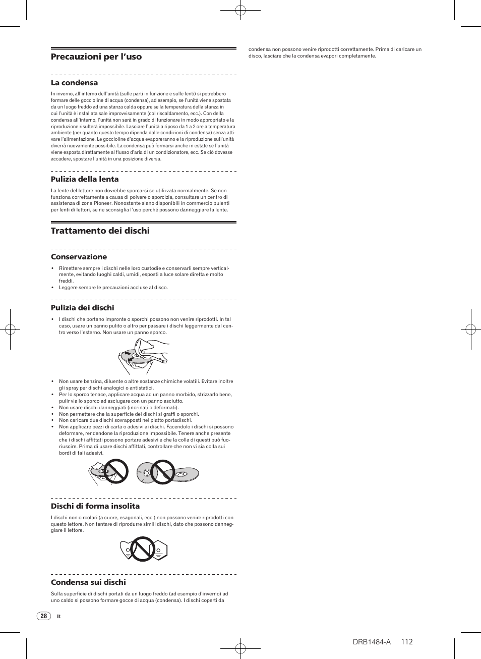 Precauzioni per l’uso trattamento dei dischi, Precauzioni per l’uso, Trattamento dei dischi | Pioneer CDJ-900 User Manual | Page 112 / 198