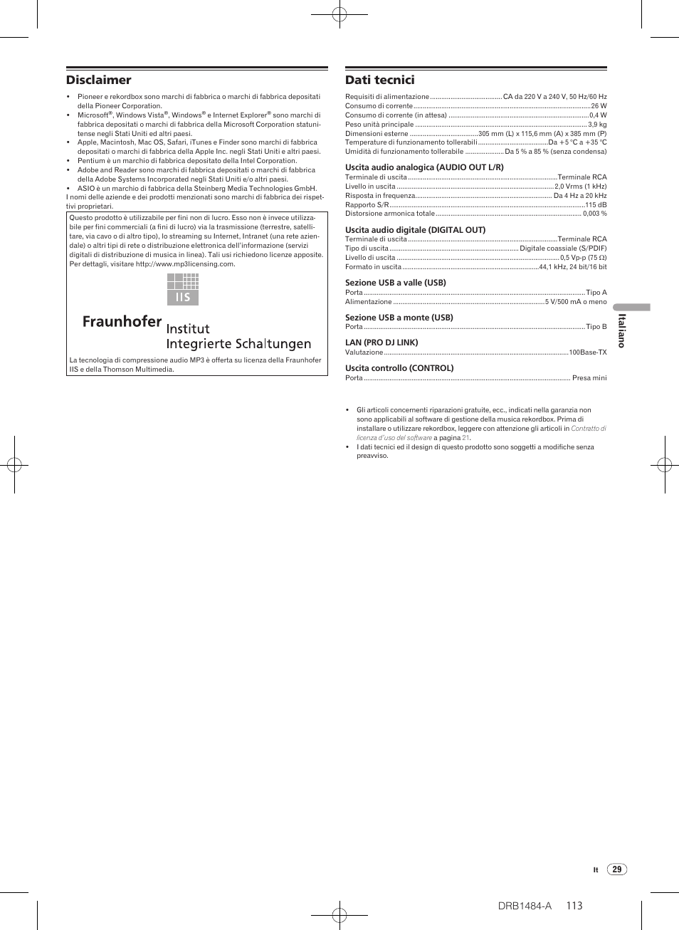 Disclaimer dati tecnici, Disclaimer, Dati tecnici | Drb1484-a | Pioneer CDJ-900 User Manual | Page 113 / 198