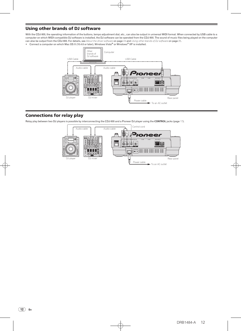 Using other brands of dj software, Connections for relay play, Drb1484-a | Pioneer CDJ-900 User Manual | Page 12 / 198