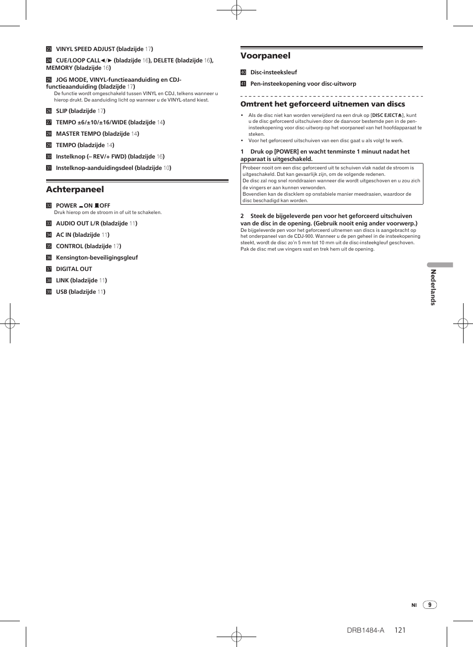 Achterpaneel voorpaneel, Achterpaneel, Voorpaneel | Pioneer CDJ-900 User Manual | Page 121 / 198