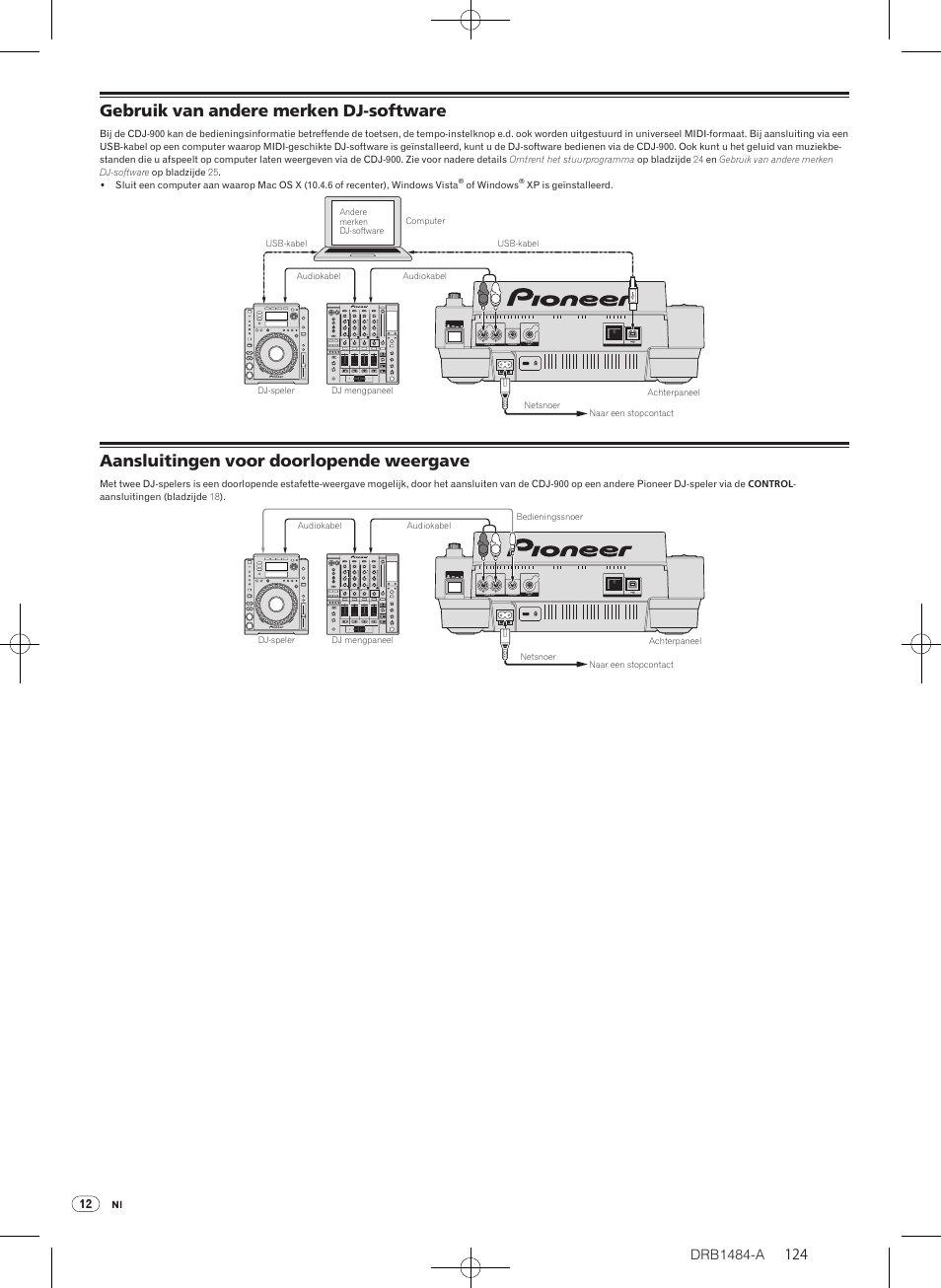 Gebruik van andere merken dj-software, Aansluitingen voor doorlopende weergave, Drb1484-a | Pioneer CDJ-900 User Manual | Page 124 / 198