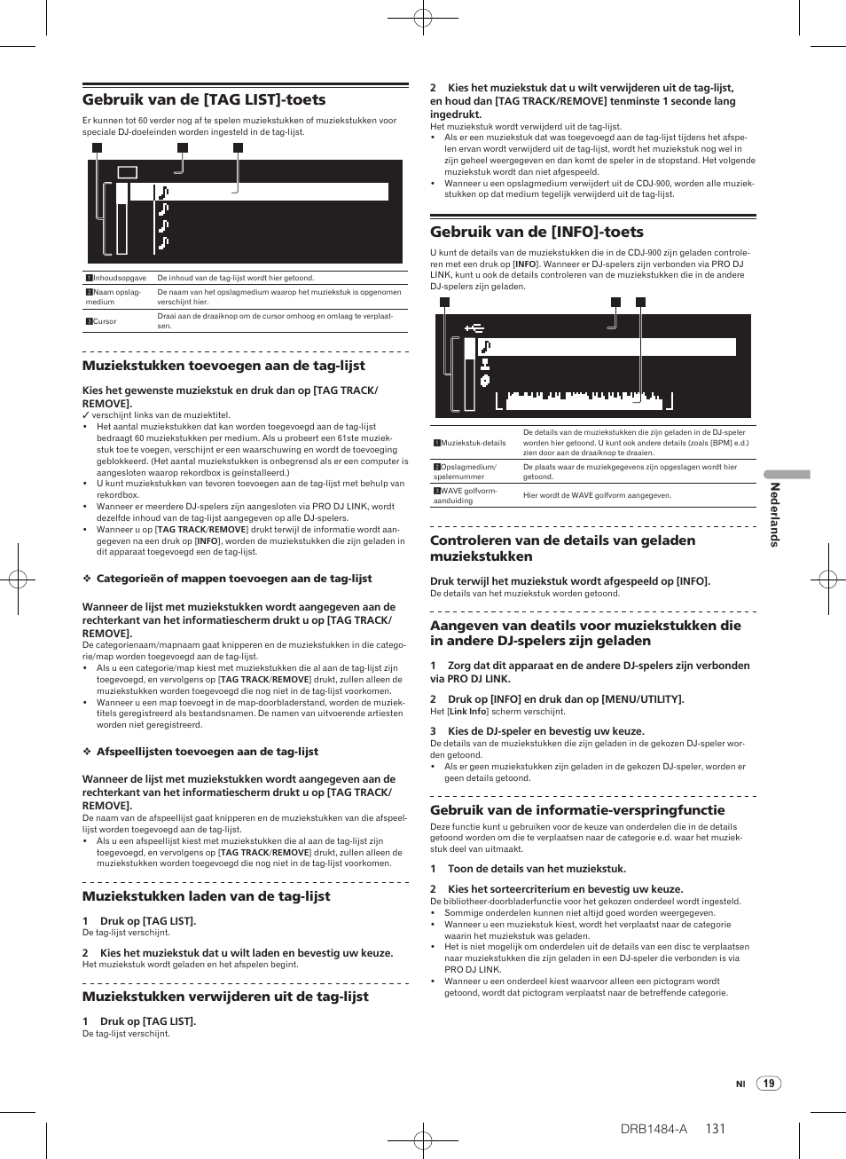 Gebruik van de [tag list]-toets, Gebruik van de [info]-toets | Pioneer CDJ-900 User Manual | Page 131 / 198