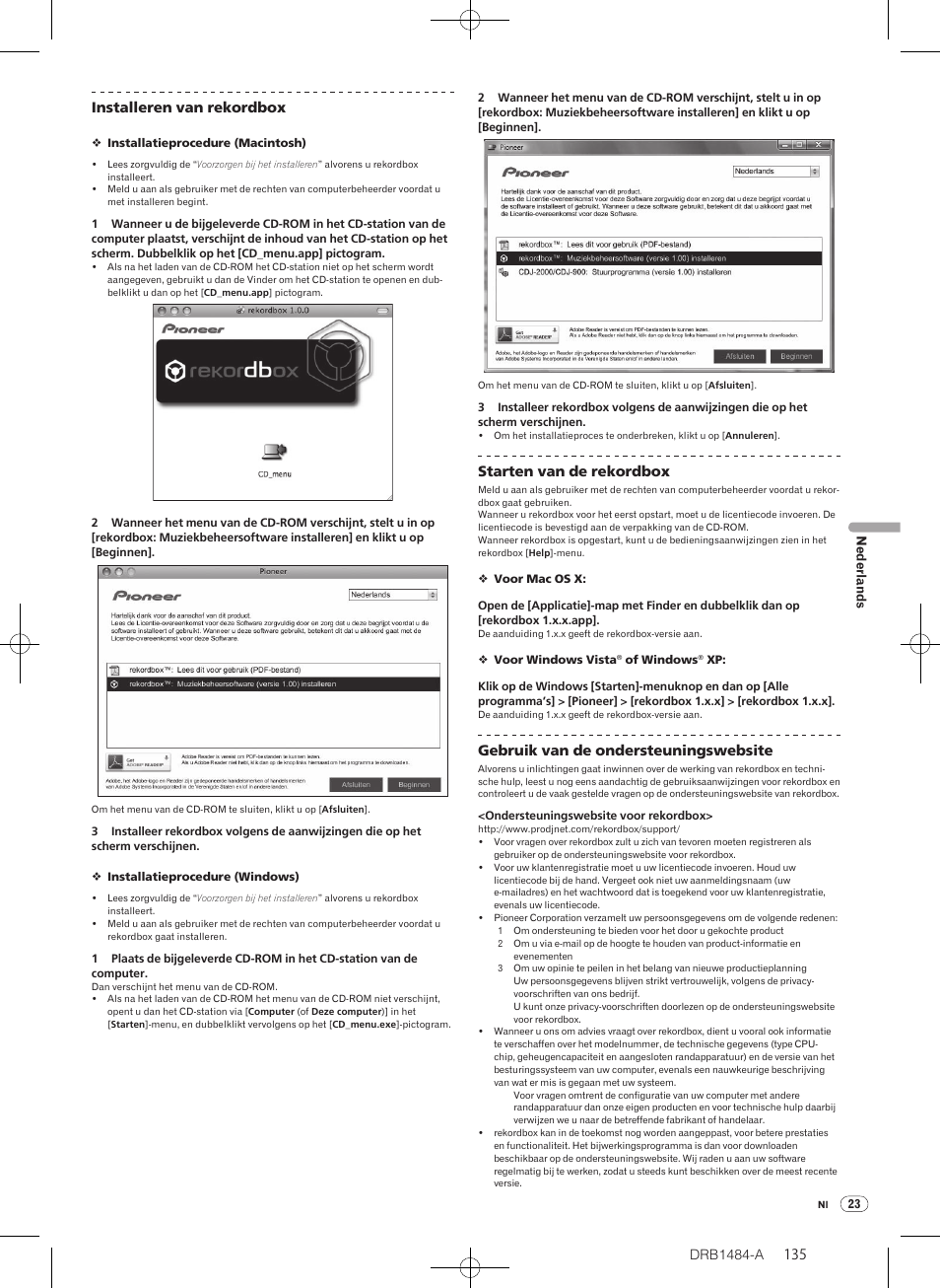 Drb1484-a, Starten van de rekordbox, Gebruik van de ondersteuningswebsite | Pioneer CDJ-900 User Manual | Page 135 / 198