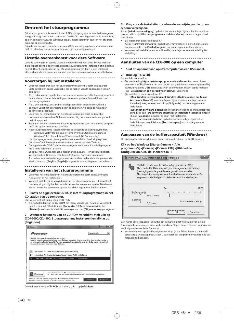 Omtrent het stuurprogramma, Drb1484-a, Licentie-overeenkomst voor deze software | Voorzorgen bij het installeren, Installeren van het stuurprogramma, Aansluiten van de cdj-900 op een computer, Aanpassen van de buffercapaciteit (windows) | Pioneer CDJ-900 User Manual | Page 136 / 198