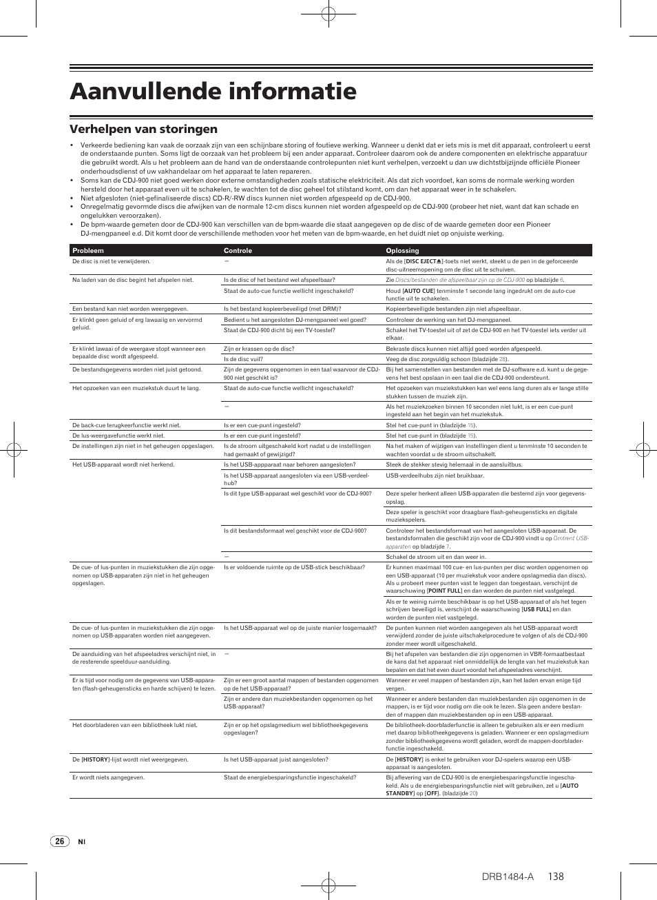 Aanvullende informatie, Verhelpen van storingen, Drb1484-a | Pioneer CDJ-900 User Manual | Page 138 / 198