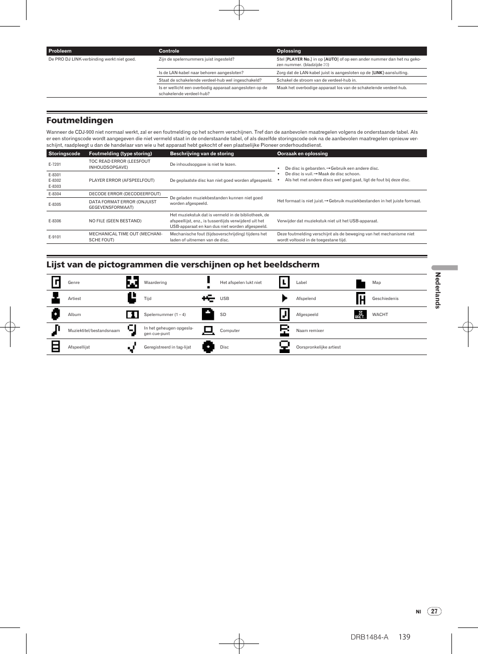 Foutmeldingen, Drb1484-a | Pioneer CDJ-900 User Manual | Page 139 / 198