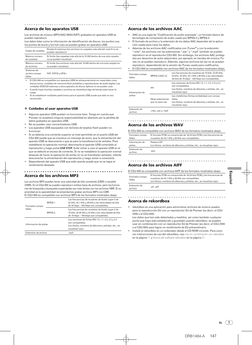 Drb1484-a, Acerca de los archivos mp3, Acerca de los archivos aac | Acerca de los archivos wav, Acerca de los archivos aiff, Acerca de rekordbox, Español | Pioneer CDJ-900 User Manual | Page 147 / 198