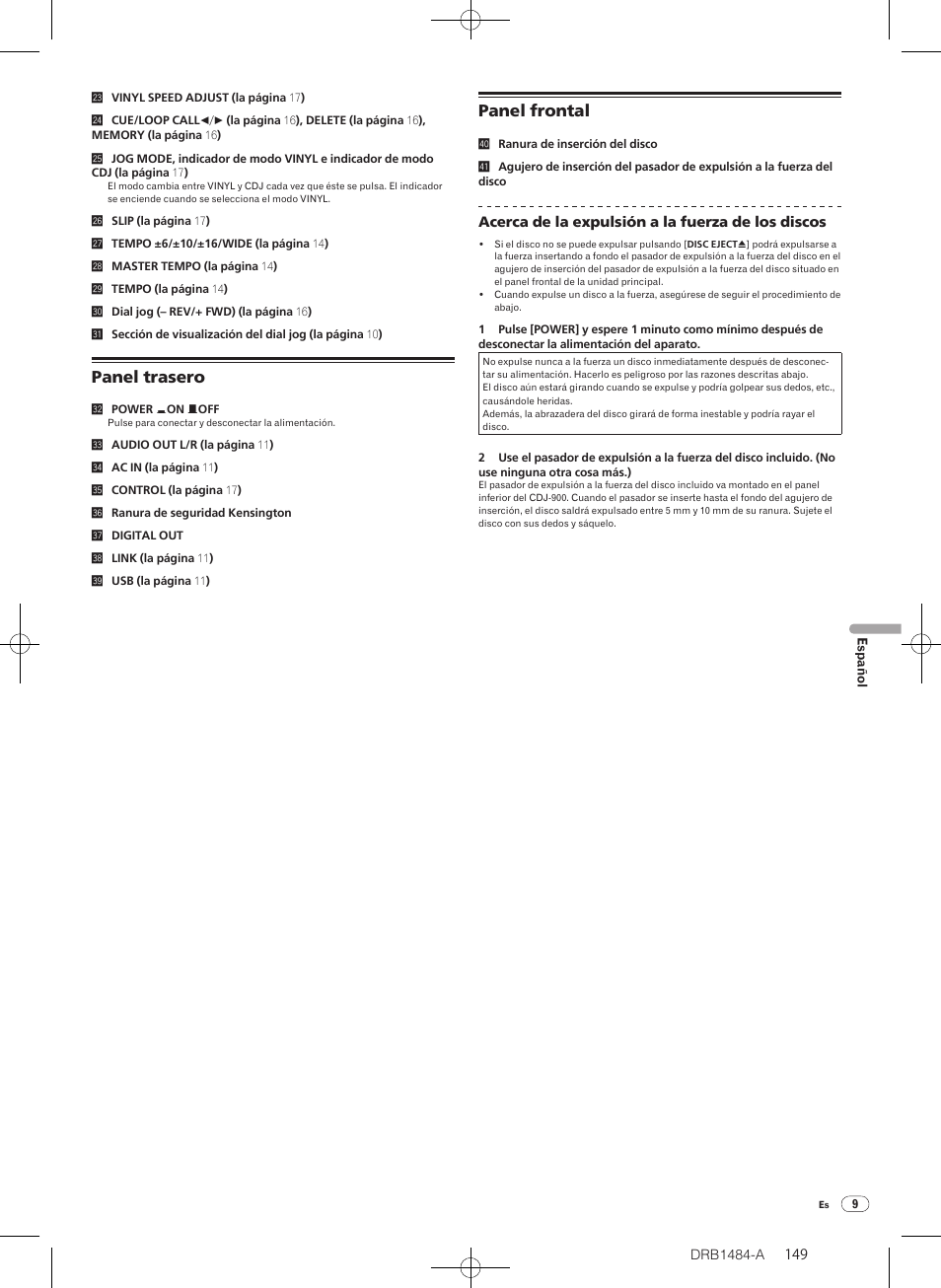 Panel trasero panel frontal, Panel trasero, Panel frontal | Pioneer CDJ-900 User Manual | Page 149 / 198