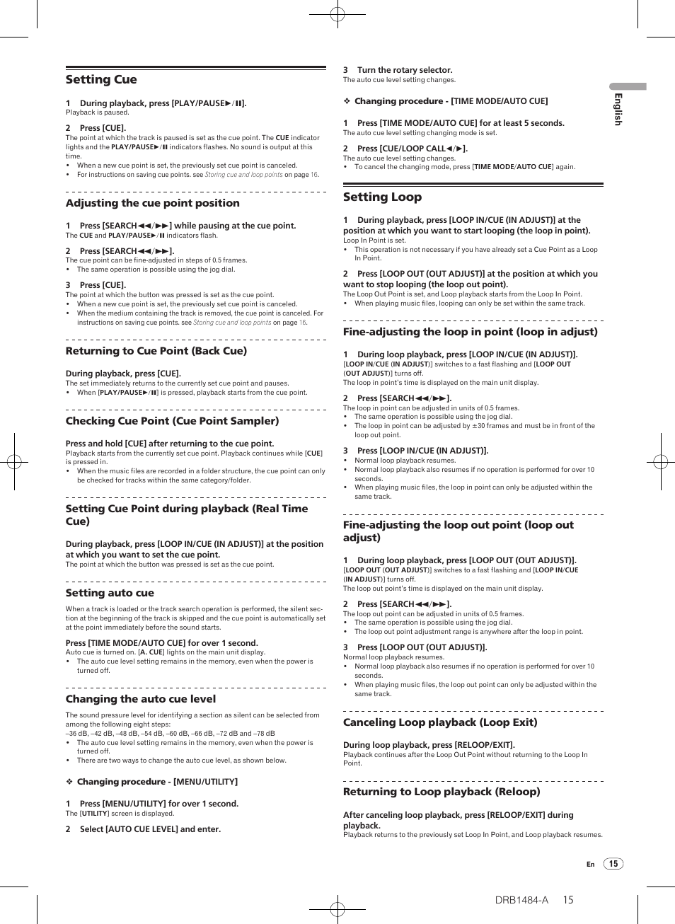 Setting cue setting loop, Setting cue, Setting loop | Pioneer CDJ-900 User Manual | Page 15 / 198