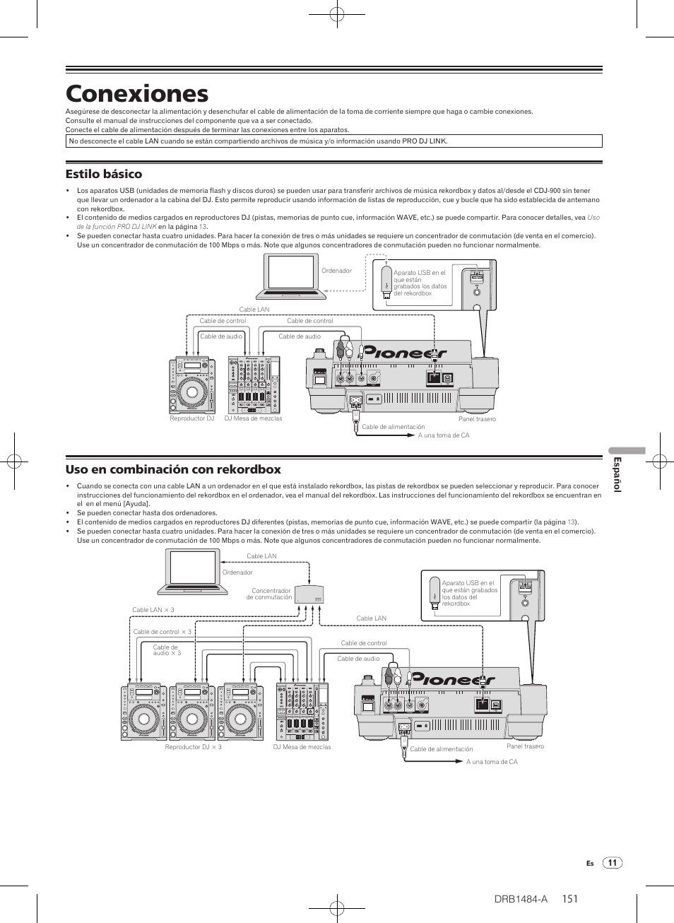 Conexiones, Estilo básico uso en combinación con rekordbox, Estilo básico | Uso en combinación con rekordbox, Drb1484-a, Español | Pioneer CDJ-900 User Manual | Page 151 / 198