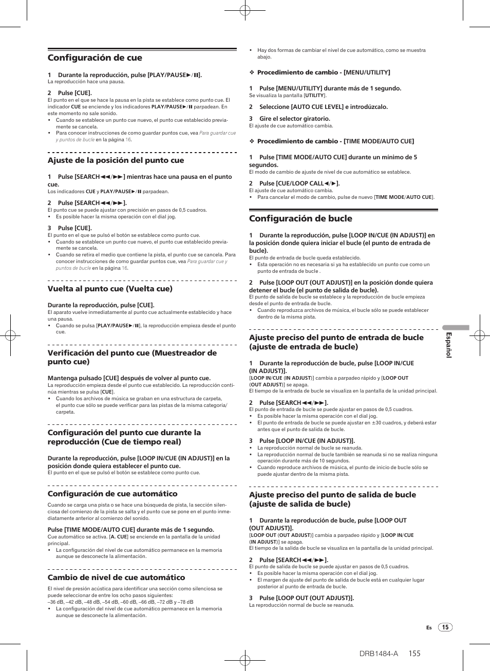 Configuración de cue configuración de bucle, Configuración de cue, Configuración de bucle | Pioneer CDJ-900 User Manual | Page 155 / 198