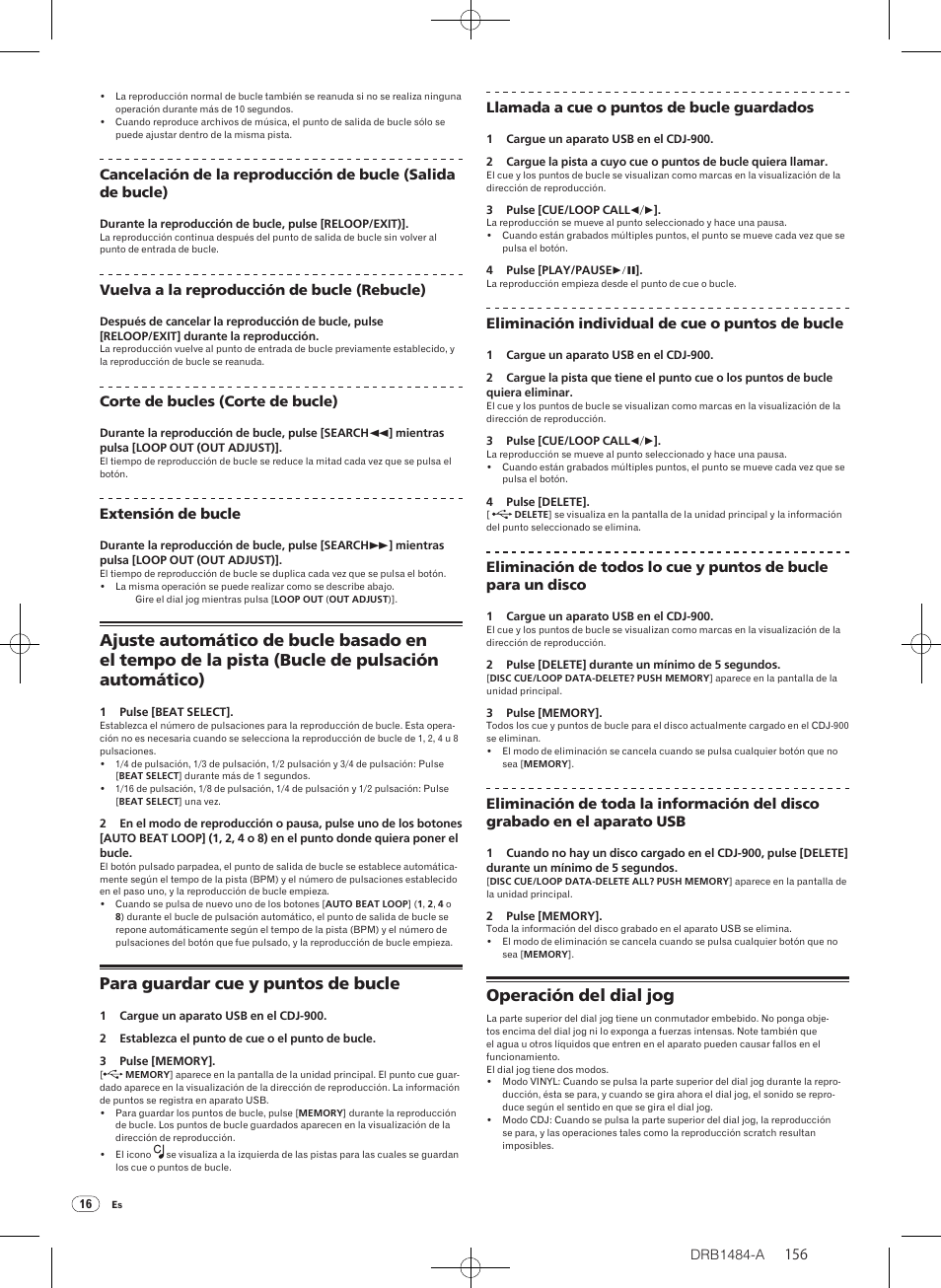 Para guardar cue y puntos de bucle, Operación del dial jog | Pioneer CDJ-900 User Manual | Page 156 / 198