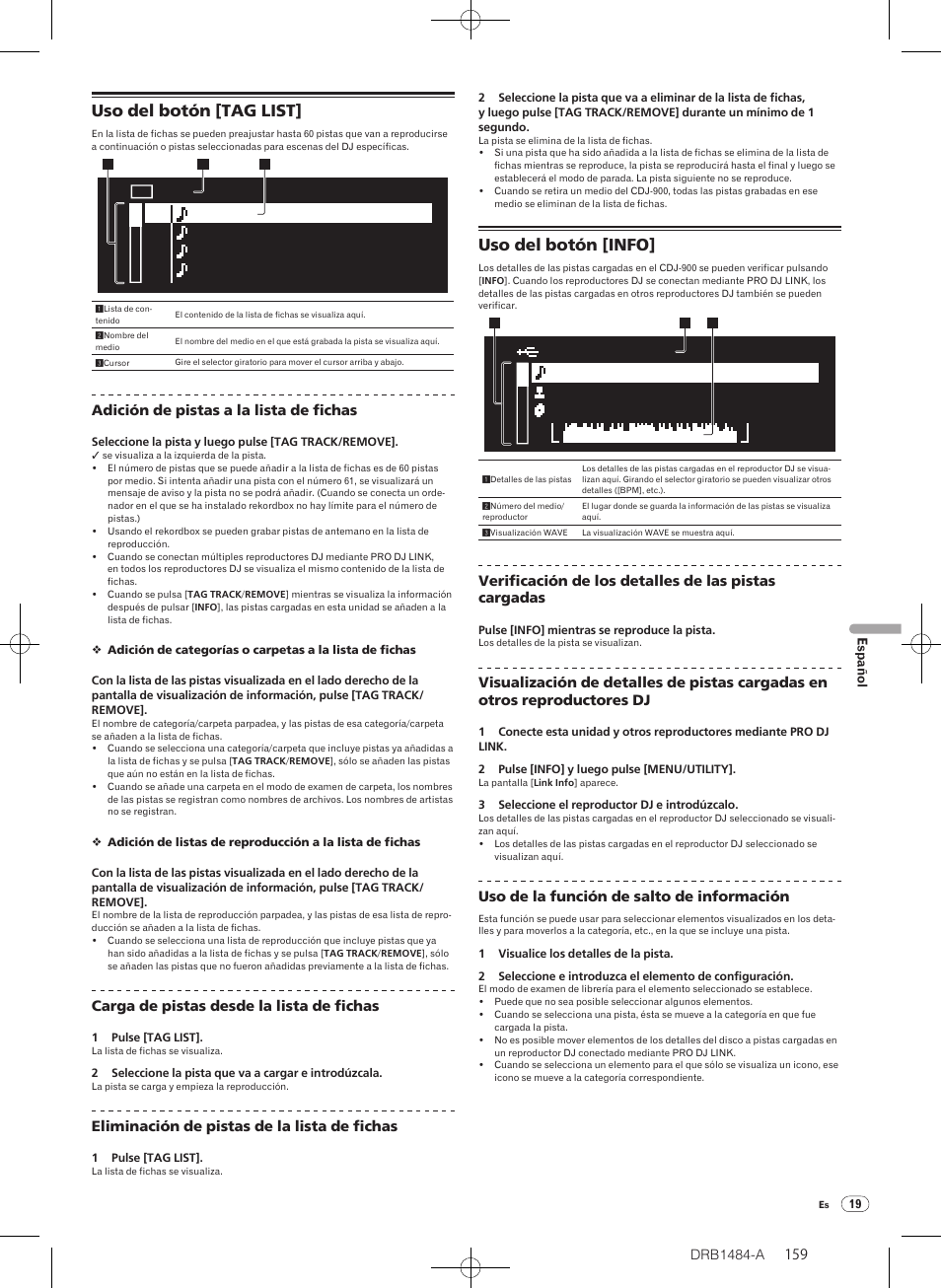 Uso del botón [tag list] uso del botón [info, Uso del botón [tag list, Uso del botón [info | Pioneer CDJ-900 User Manual | Page 159 / 198