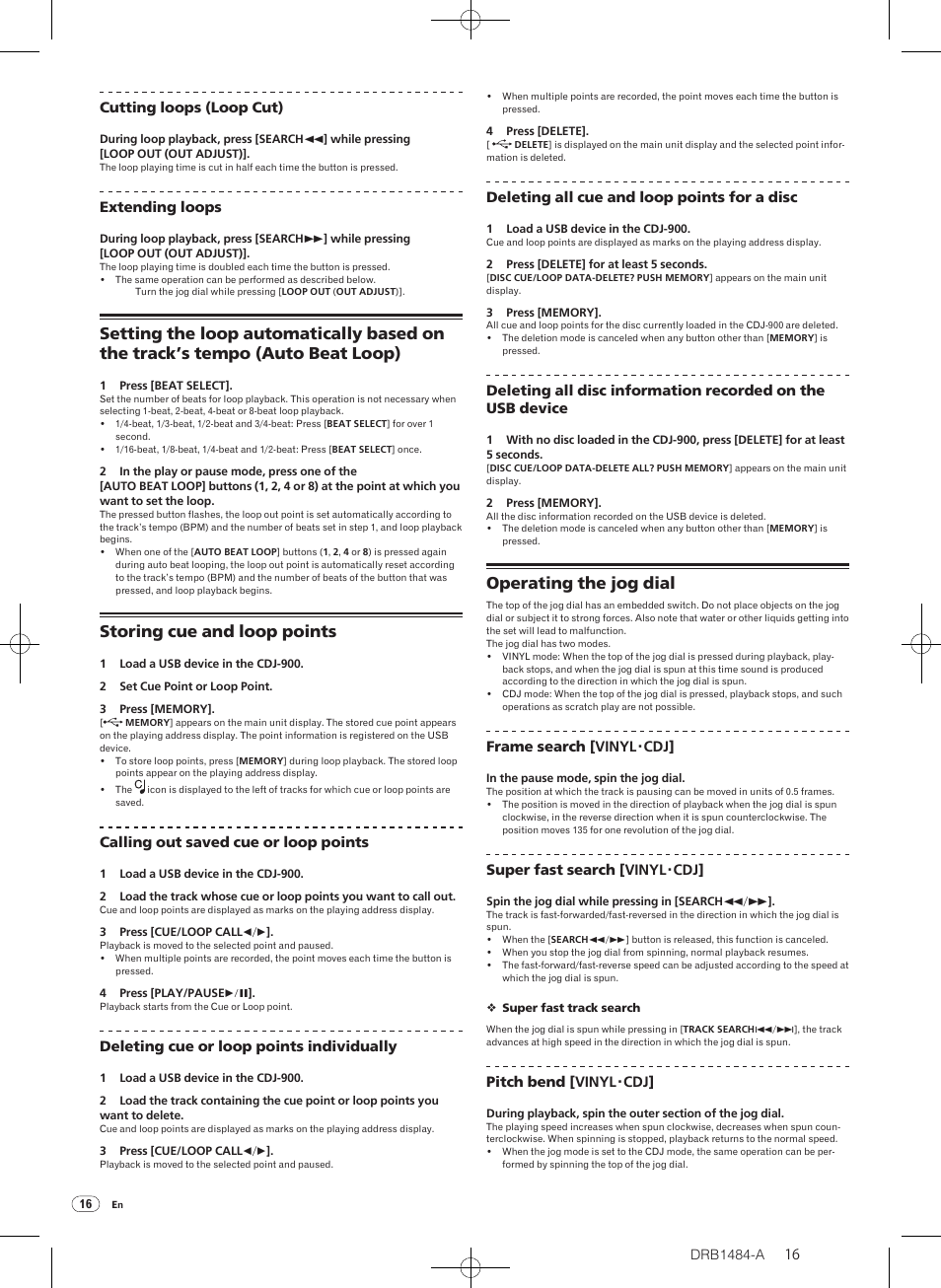 Storing cue and loop points, Operating the jog dial | Pioneer CDJ-900 User Manual | Page 16 / 198