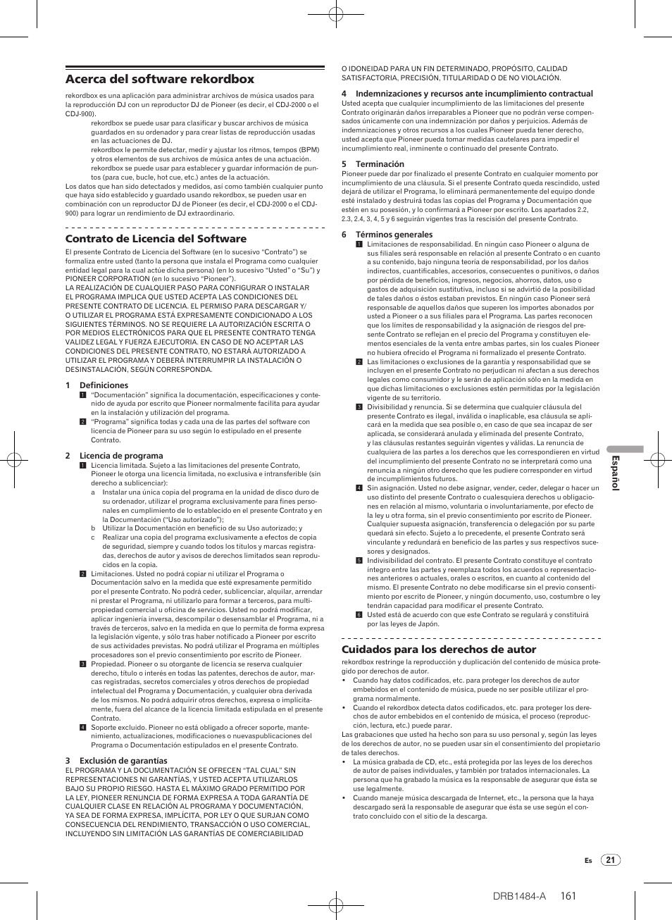 Acerca del software rekordbox, Drb1484-a, Contrato de licencia del software | Cuidados para los derechos de autor | Pioneer CDJ-900 User Manual | Page 161 / 198