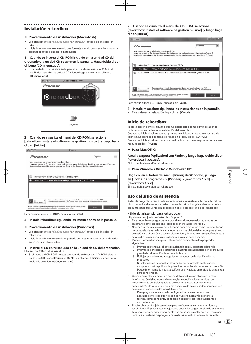 Drb1484-a, Inicio de rekordbox, Uso del sitio de asistencia | Pioneer CDJ-900 User Manual | Page 163 / 198