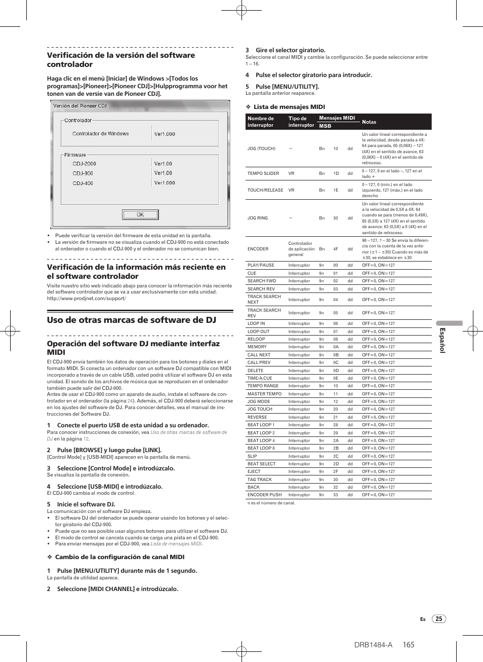 Uso de otras marcas de software de dj, Drb1484-a, Operación del software dj mediante interfaz midi | Español | Pioneer CDJ-900 User Manual | Page 165 / 198