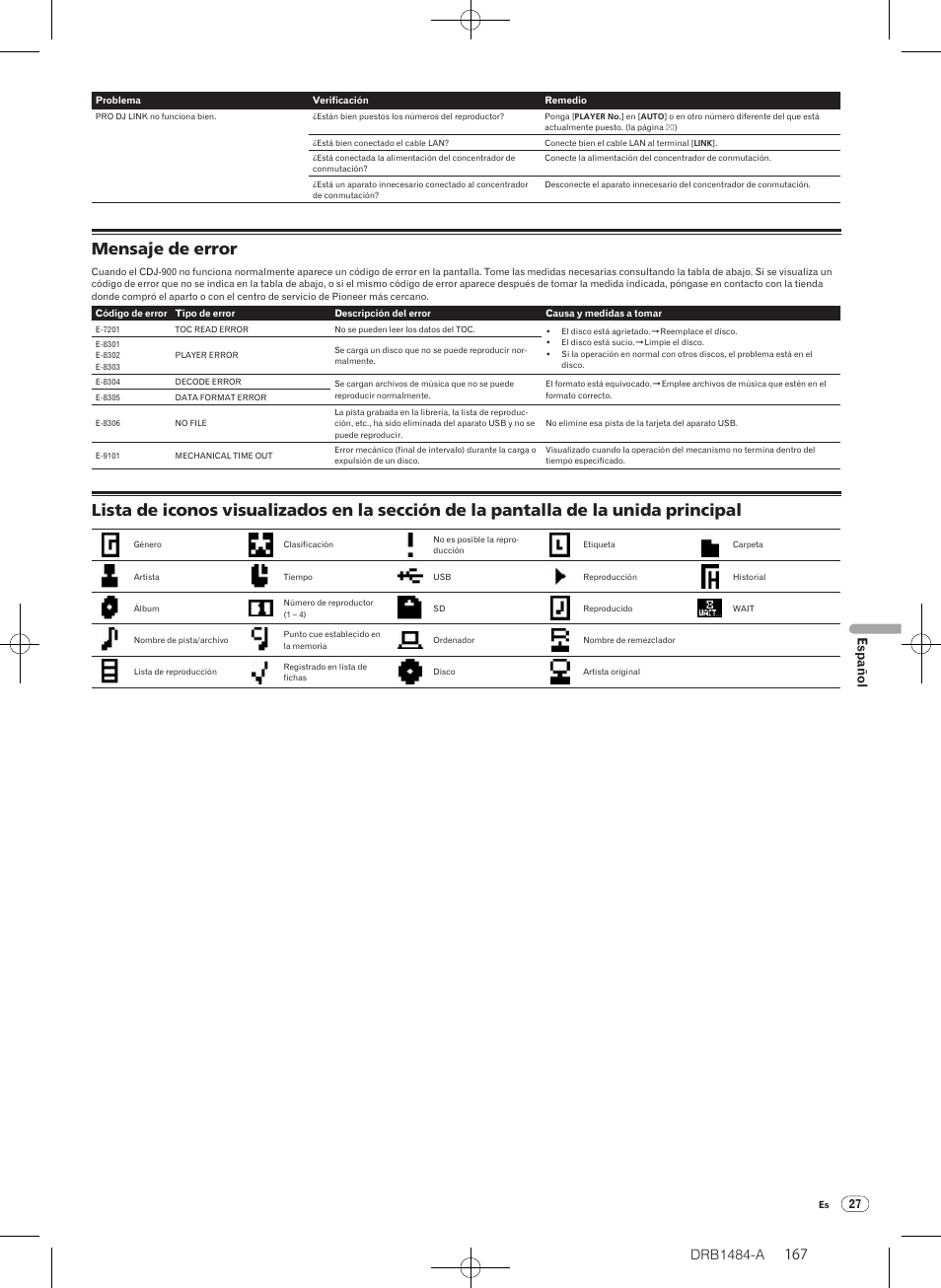 Mensaje de error, Drb1484-a | Pioneer CDJ-900 User Manual | Page 167 / 198