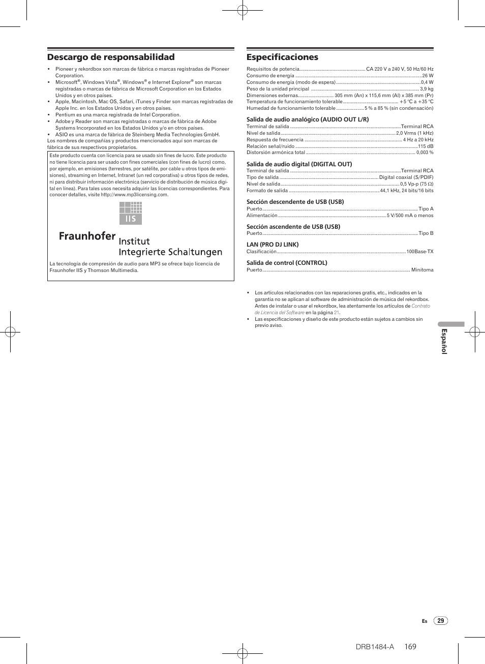 Descargo de responsabilidad especificaciones, Descargo de responsabilidad, Especificaciones | Drb1484-a | Pioneer CDJ-900 User Manual | Page 169 / 198