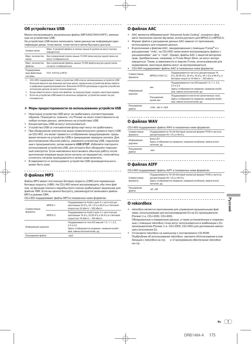 Drb1484-a, О файлах мр3, О файлах аас | О файлах wav, О файлах aiff, О rekordbox, Русски й | Pioneer CDJ-900 User Manual | Page 175 / 198