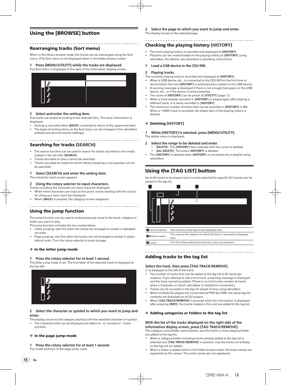 Using the [browse] button, Using the [tag list] button | Pioneer CDJ-900 User Manual | Page 18 / 198