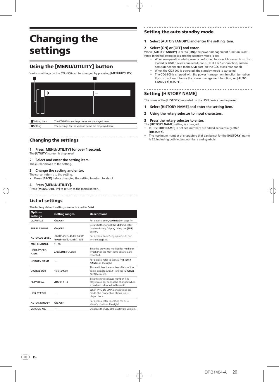 Changing the settings, Using the [menu/utility] button | Pioneer CDJ-900 User Manual | Page 20 / 198