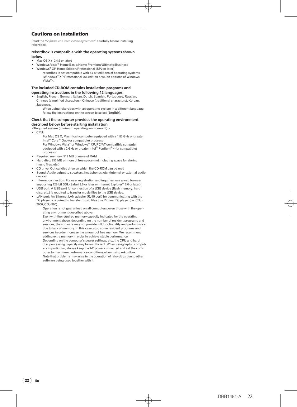 Drb1484-a, 22 cautions on installation | Pioneer CDJ-900 User Manual | Page 22 / 198