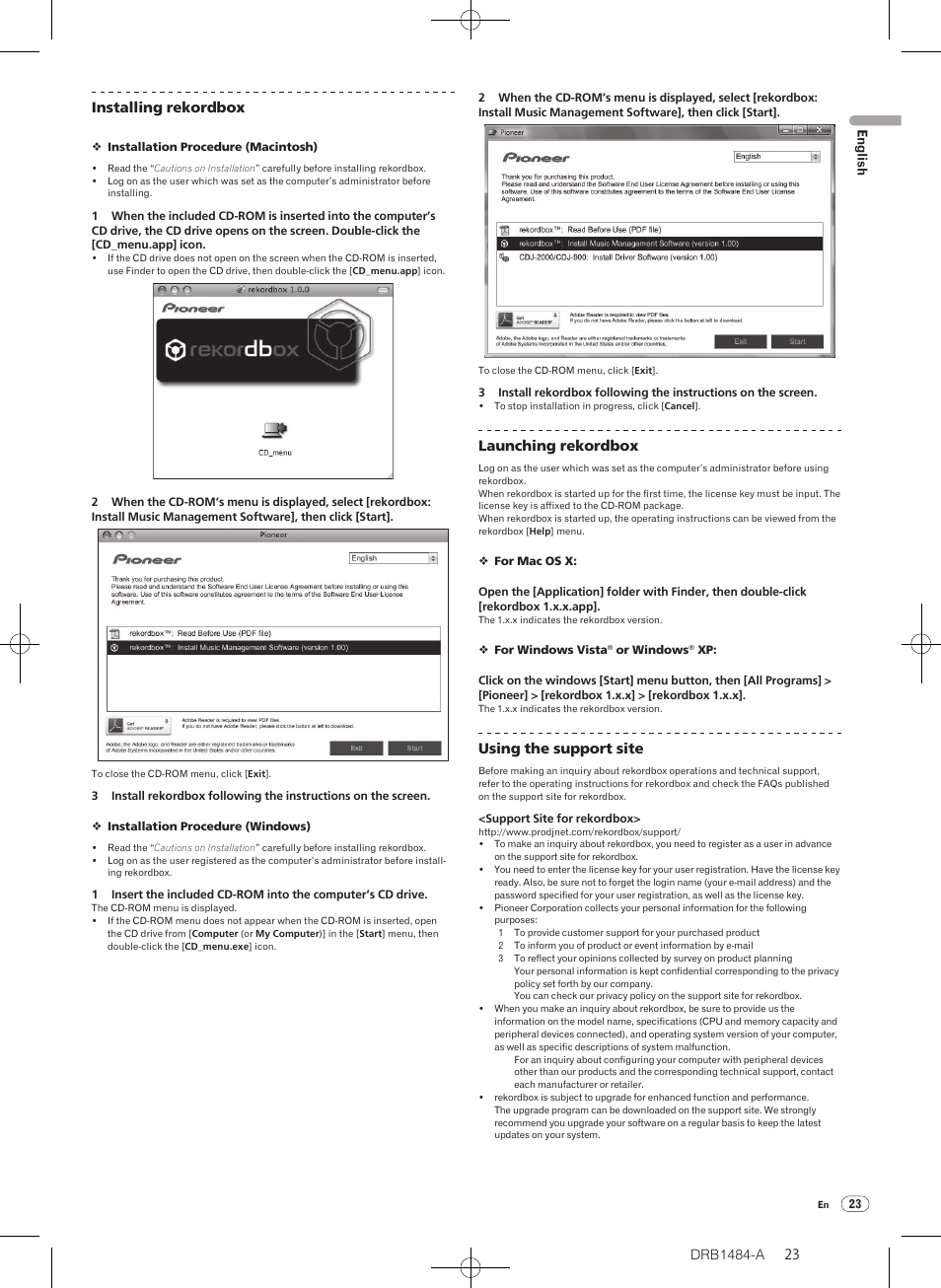 Drb1484-a, 23 22 installing rekordbox, Launching rekordbox | Using the support site | Pioneer CDJ-900 User Manual | Page 23 / 198