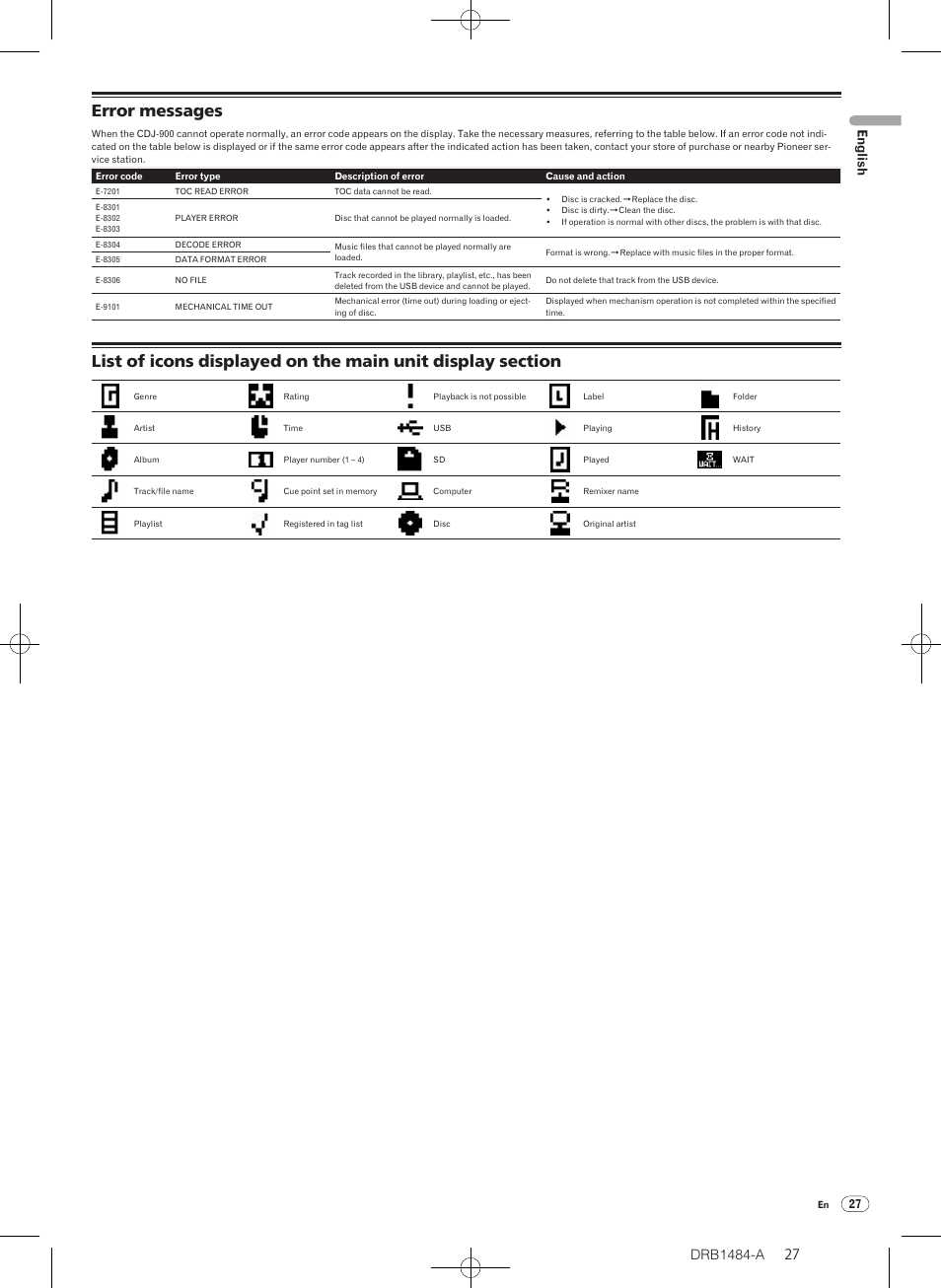 Error messages, Drb1484-a | Pioneer CDJ-900 User Manual | Page 27 / 198