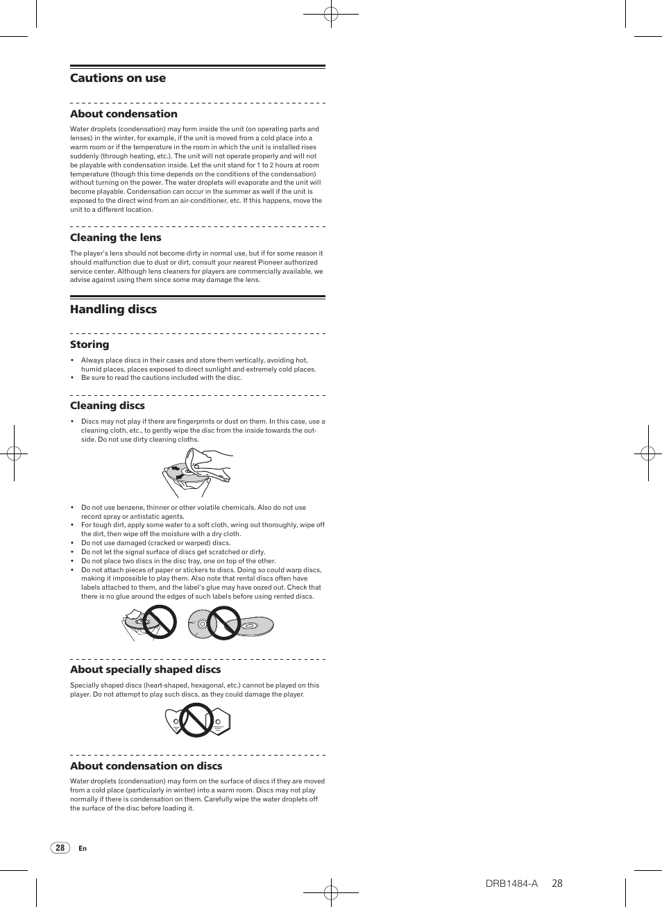 Cautions on use handling discs, Cautions on use, Handling discs | Pioneer CDJ-900 User Manual | Page 28 / 198