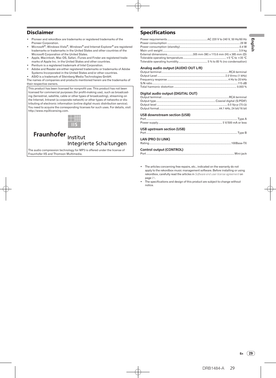 Disclaimer specifications, Disclaimer, Specifications | Drb1484-a | Pioneer CDJ-900 User Manual | Page 29 / 198