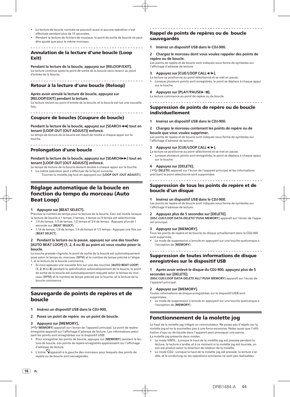 Sauvegarde de points de repères et de boucle, Fonctionnement de la molette jog | Pioneer CDJ-900 User Manual | Page 44 / 198