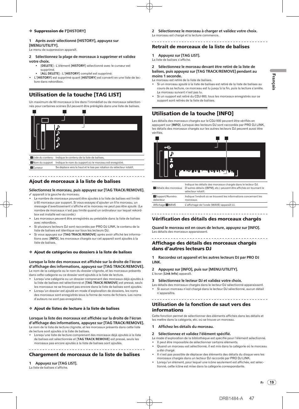 Utilisation de la touche [tag list, Utilisation de la touche [info | Pioneer CDJ-900 User Manual | Page 47 / 198