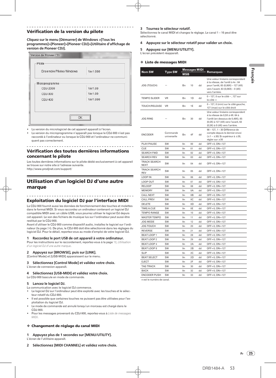 Utilisation d’un logiciel dj d’une autre marque, Drb1484-a, 53 52 vérification de la version du pilote | Exploitation du logiciel dj par l’interface midi, Français | Pioneer CDJ-900 User Manual | Page 53 / 198