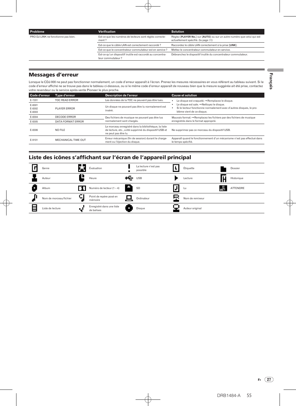 Messages d’erreur, Drb1484-a | Pioneer CDJ-900 User Manual | Page 55 / 198