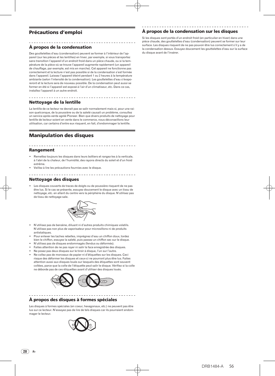 Précautions d’emploi manipulation des disques, Précautions d’emploi, Manipulation des disques | Pioneer CDJ-900 User Manual | Page 56 / 198