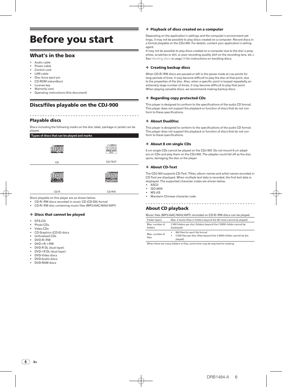 Before you start, What’s in the box discs, Files playable on the cdj-900 | What’s in the box, Discs/ files playable on the cdj-900 | Pioneer CDJ-900 User Manual | Page 6 / 198