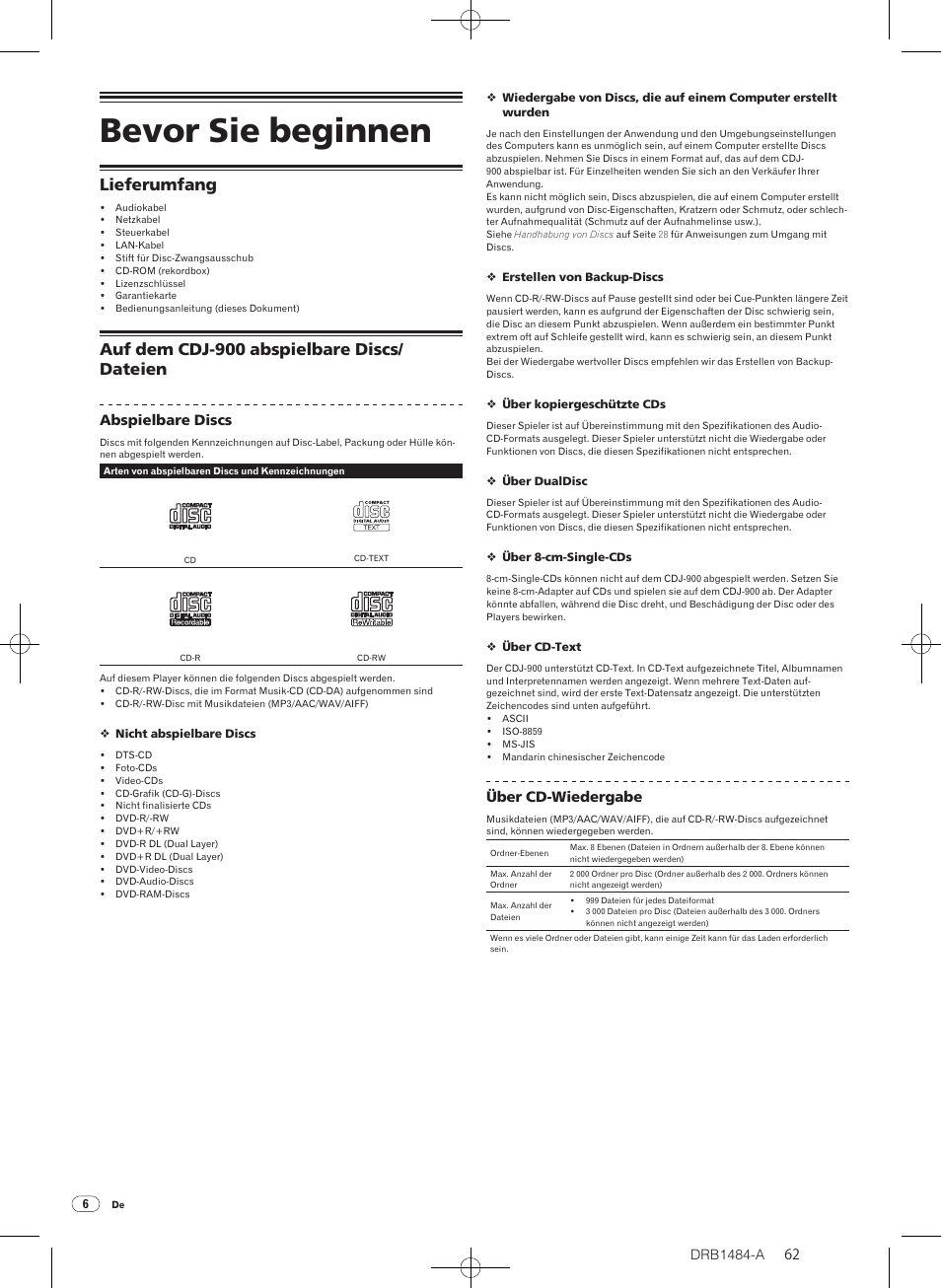 Bevor sie beginnen, Lieferumfang auf dem cdj-900 abspielbare discs, Dateien | Lieferumfang, Auf dem cdj-900 abspielbare discs/ dateien | Pioneer CDJ-900 User Manual | Page 62 / 198