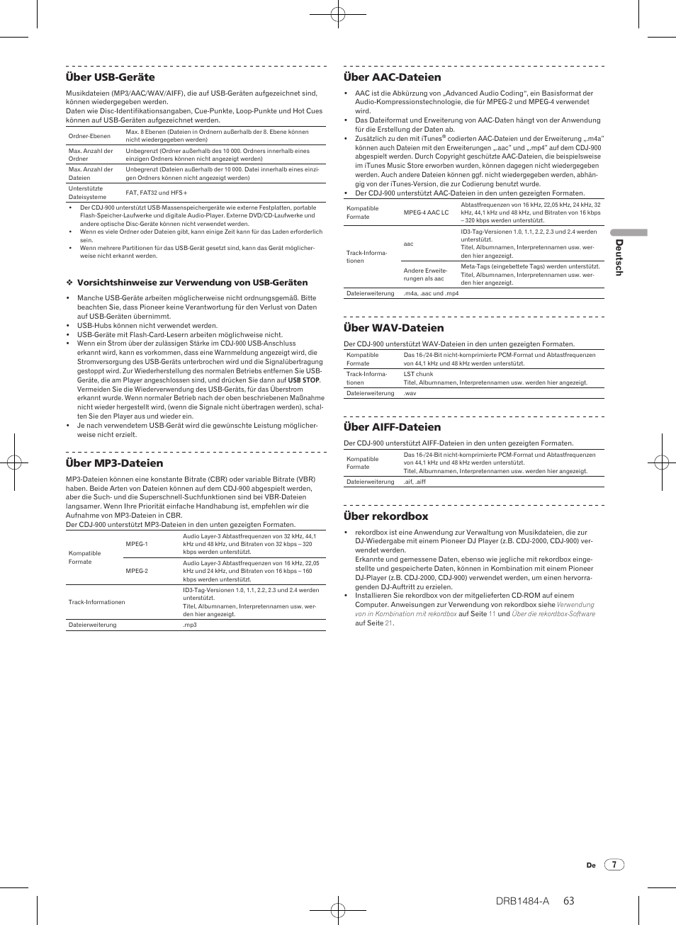 Drb1484-a, 63 62 über usb-geräte, Über mp3-dateien | Über aac-dateien, Über wav-dateien, Über aiff-dateien, Über rekordbox, Deutsch | Pioneer CDJ-900 User Manual | Page 63 / 198