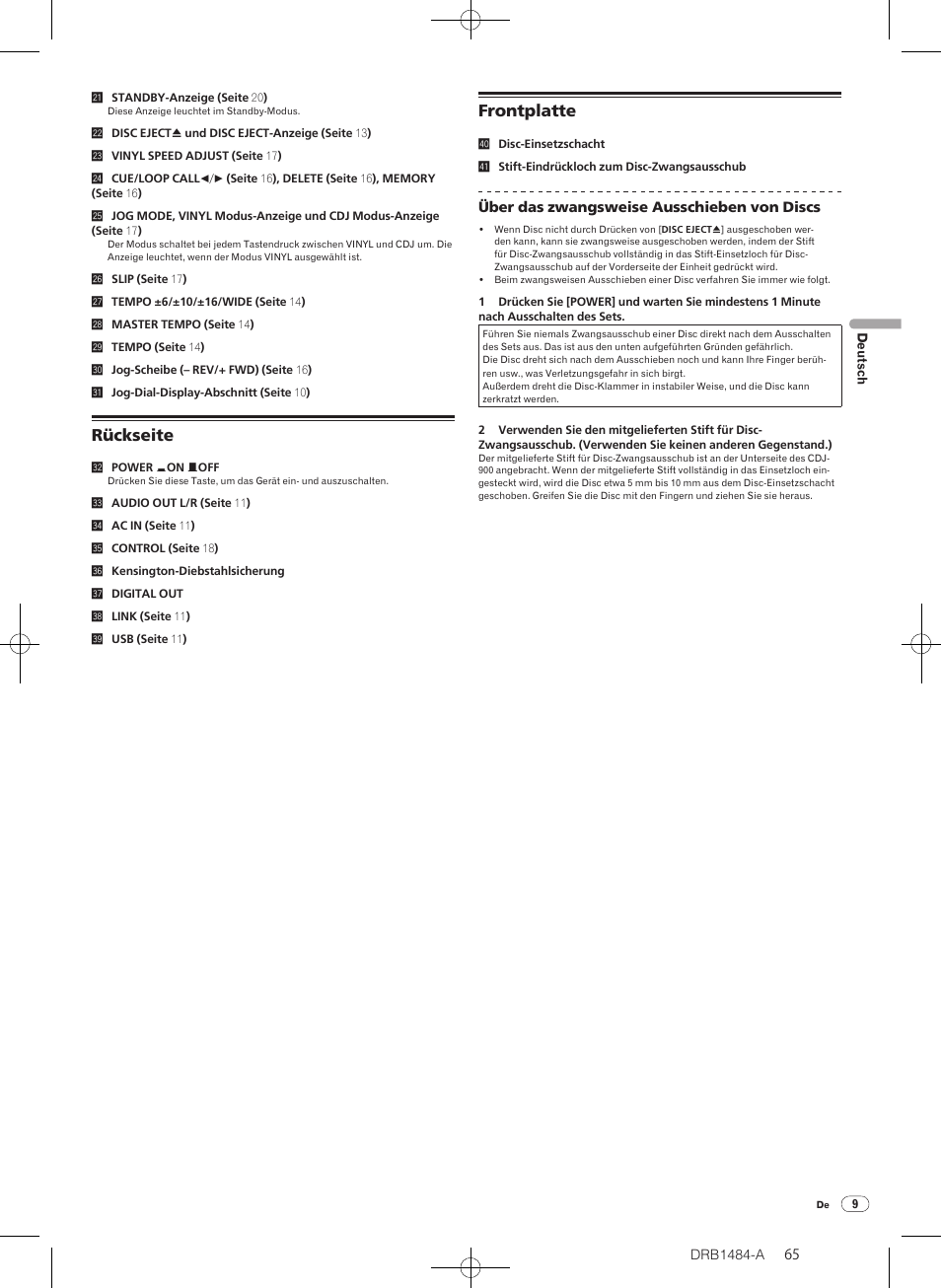 Rückseite frontplatte, Rückseite, Frontplatte | Pioneer CDJ-900 User Manual | Page 65 / 198