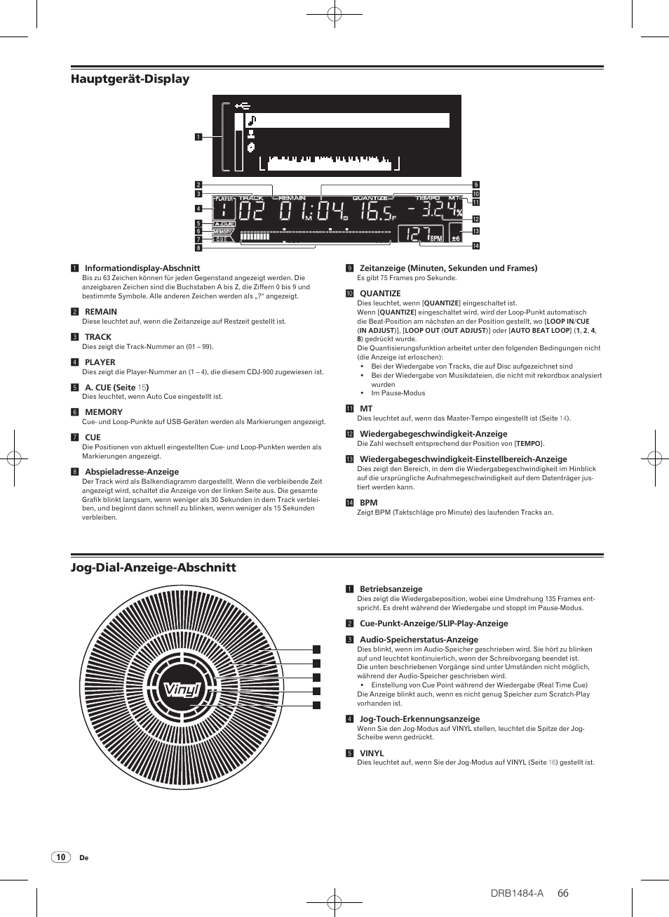 Hauptgerät-display jog-dial-anzeige-abschnitt, Jog-dial-anzeige-abschnitt | Pioneer CDJ-900 User Manual | Page 66 / 198