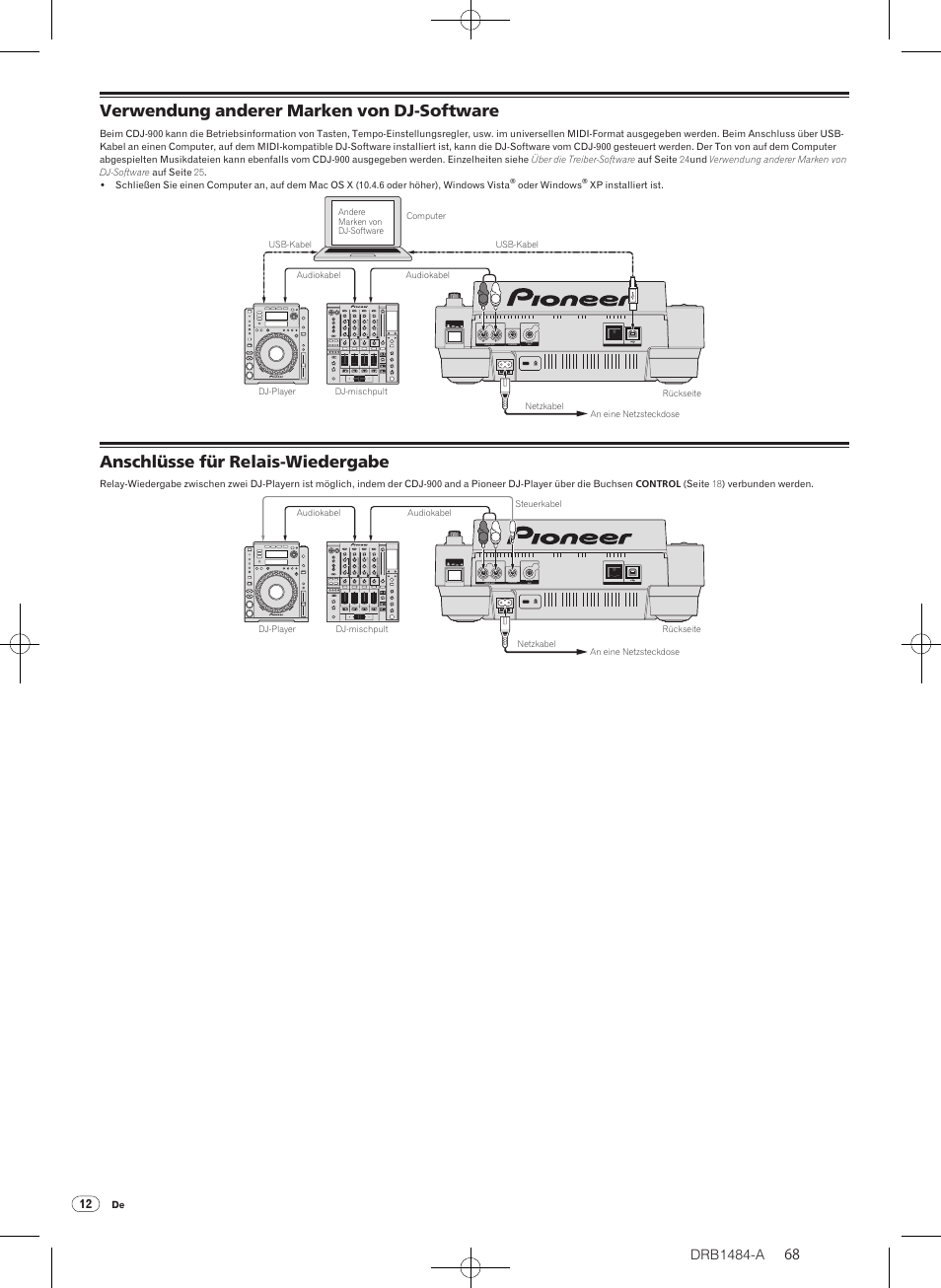 Verwendung anderer marken von dj-software, Anschlüsse für relais-wiedergabe, Drb1484-a | Pioneer CDJ-900 User Manual | Page 68 / 198