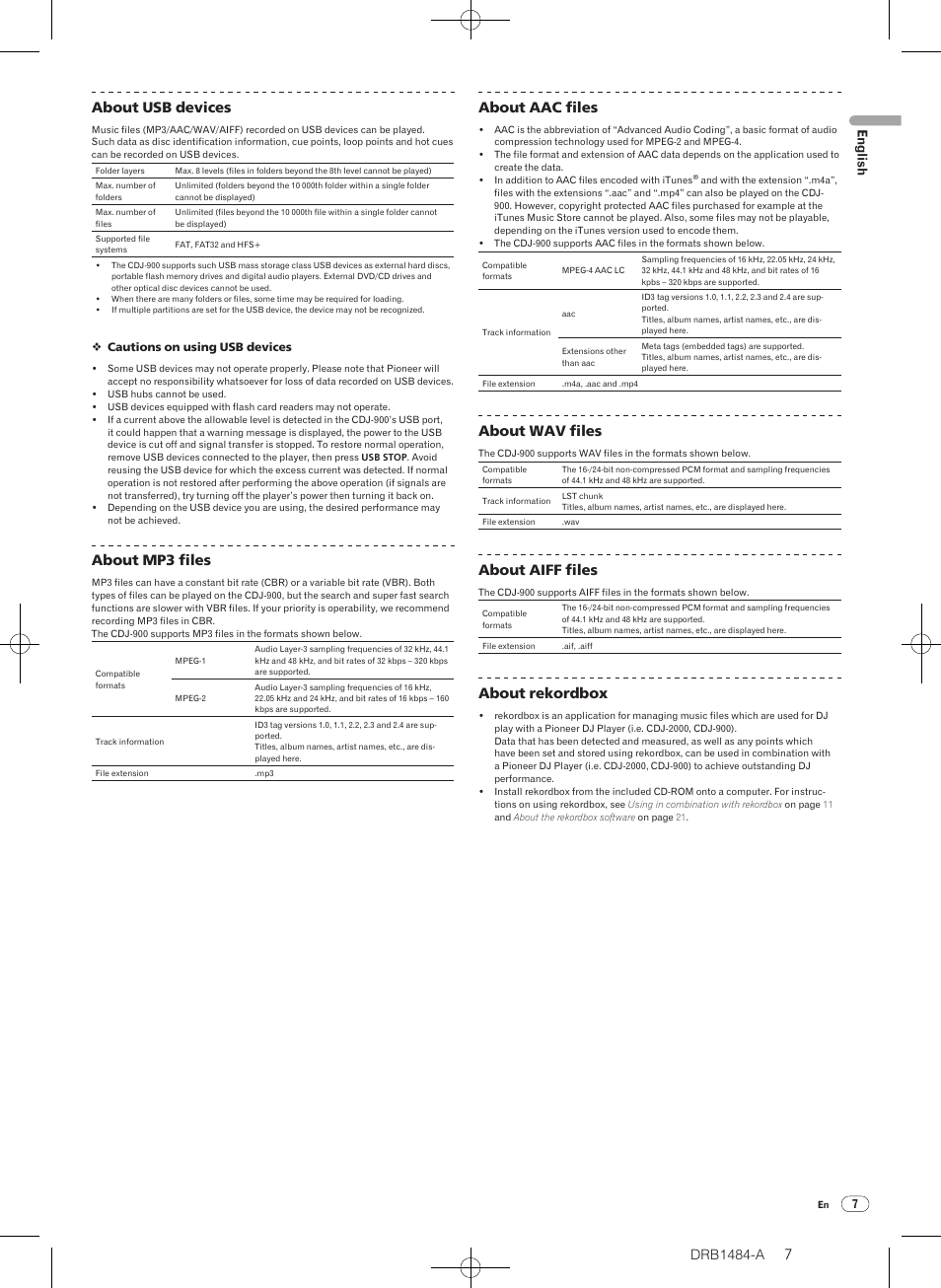 Drb1484-a, 76 about usb devices, About mp3 files | About aac files, About wav files, About aiff files, About rekordbox, English | Pioneer CDJ-900 User Manual | Page 7 / 198