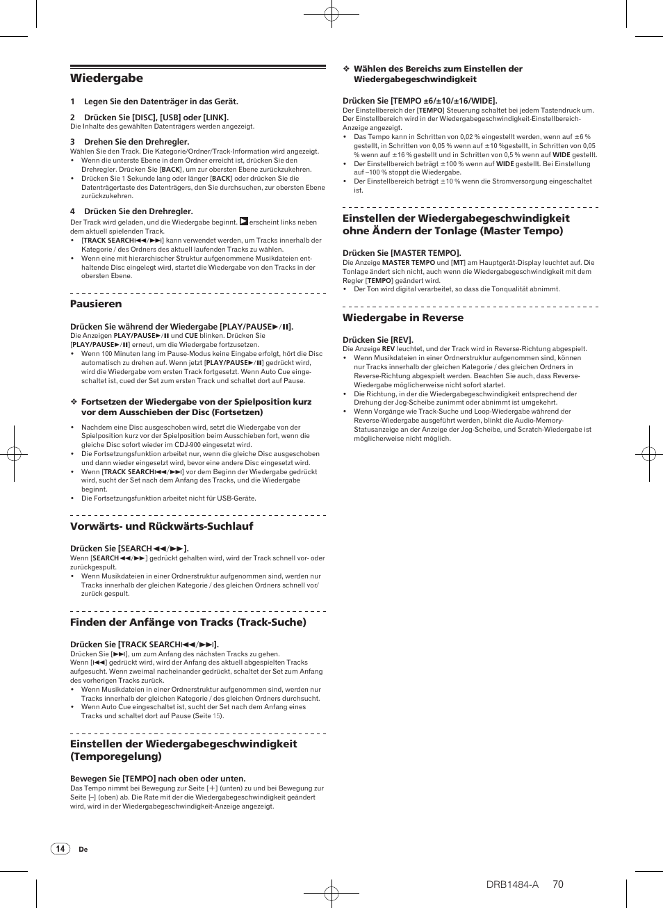 Wiedergabe | Pioneer CDJ-900 User Manual | Page 70 / 198