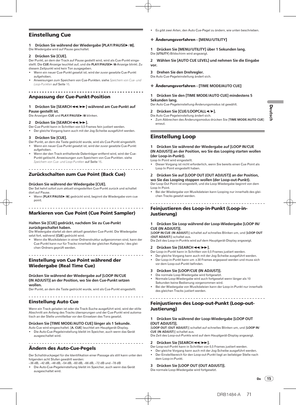 Einstellung cue einstellung loop, Einstellung cue, Einstellung loop | Pioneer CDJ-900 User Manual | Page 71 / 198