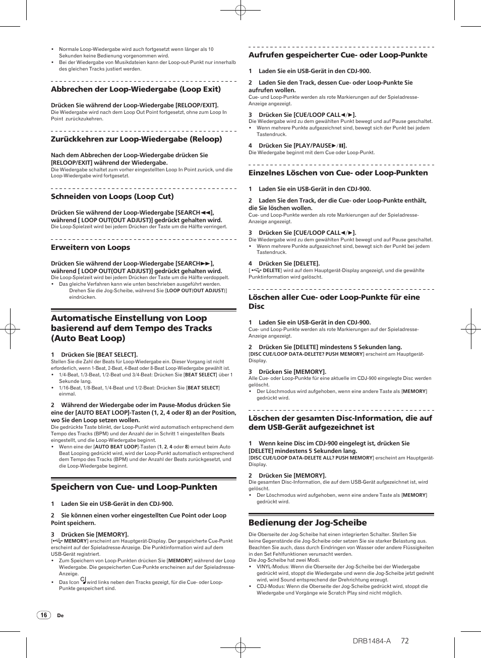 Speichern von cue- und loop-punkten, Bedienung der jog-scheibe | Pioneer CDJ-900 User Manual | Page 72 / 198