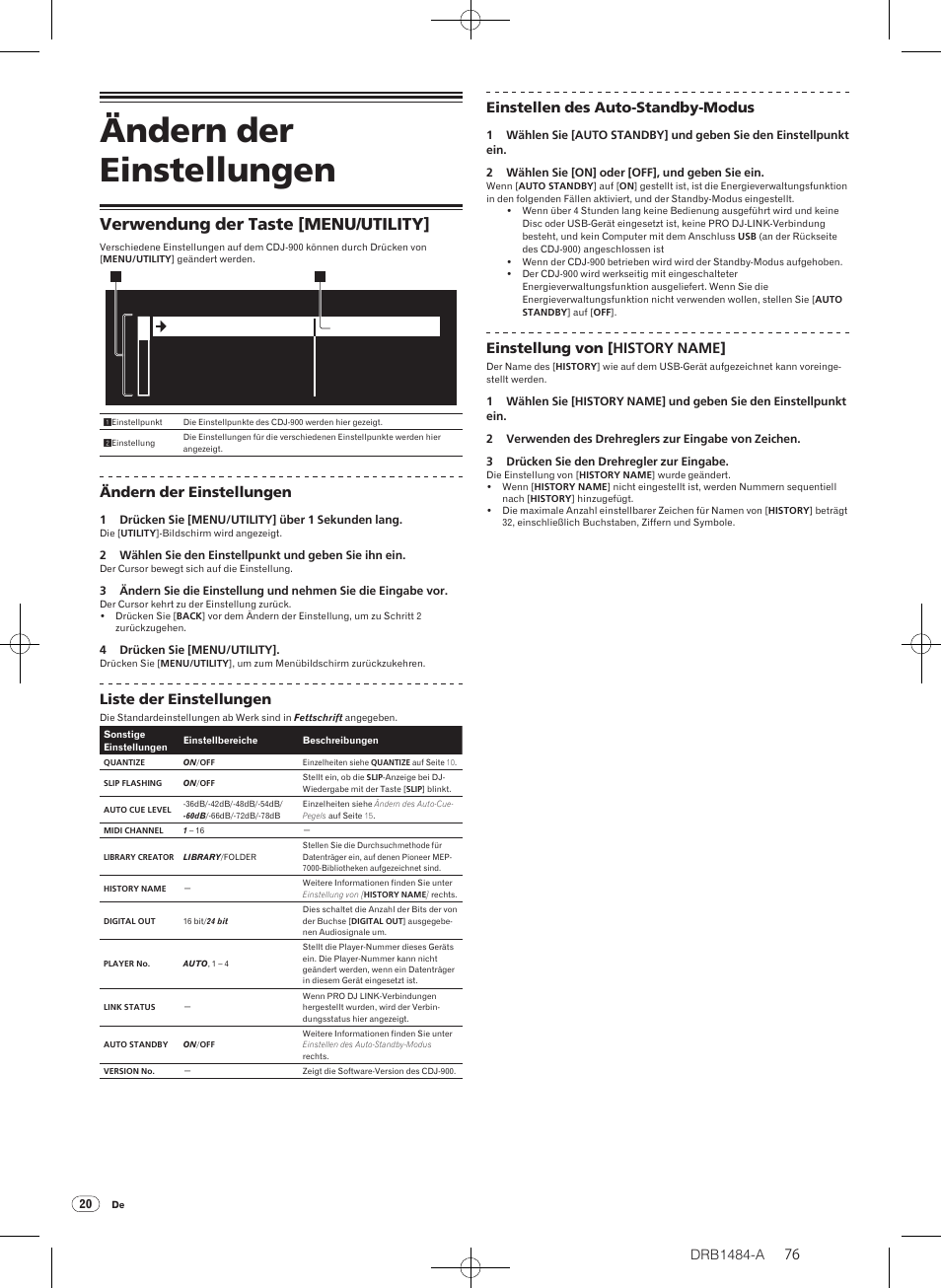 Ändern der einstellungen, Verwendung der taste [menu/utility | Pioneer CDJ-900 User Manual | Page 76 / 198