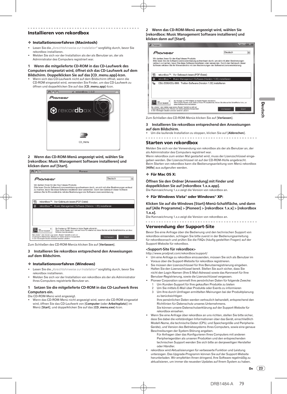 Drb1484-a, 79 78 installieren von rekordbox, Starten von rekordbox | Verwendung der support-site | Pioneer CDJ-900 User Manual | Page 79 / 198