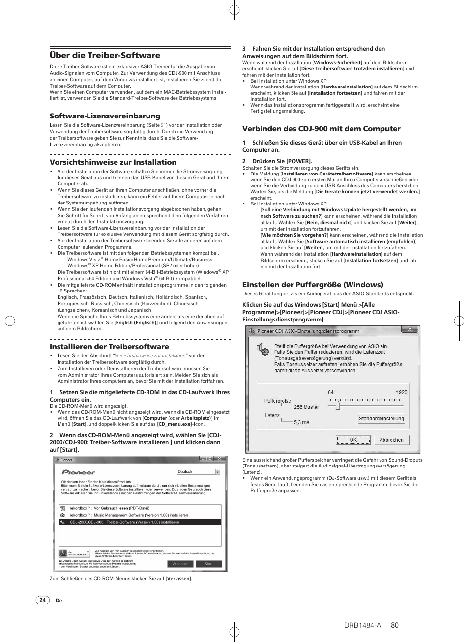 Über die treiber-software, Drb1484-a, Software-lizenzvereinbarung | Vorsichtshinweise zur installation, Installieren der treibersoftware, Verbinden des cdj-900 mit dem computer, Einstellen der puffergröße (windows) | Pioneer CDJ-900 User Manual | Page 80 / 198