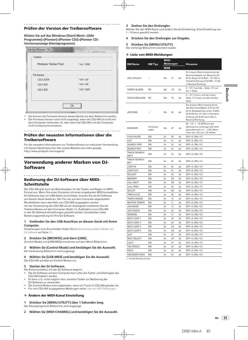 Verwendung anderer marken von dj-software, Verwendung anderer marken von dj- software, Drb1484-a | 81 80 prüfen der version der treibersoftware, Bedienung der dj-software über midi- schnittstelle, Deutsch | Pioneer CDJ-900 User Manual | Page 81 / 198